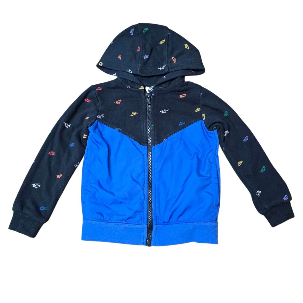 Nike‎ Kids Full Zip Hoodie Jacket Black Blue All Over Logo Print Size 3T